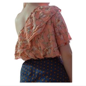 $1 w/ bundle Tropical Floral Asymmetrical One Shoulder Flounce Top